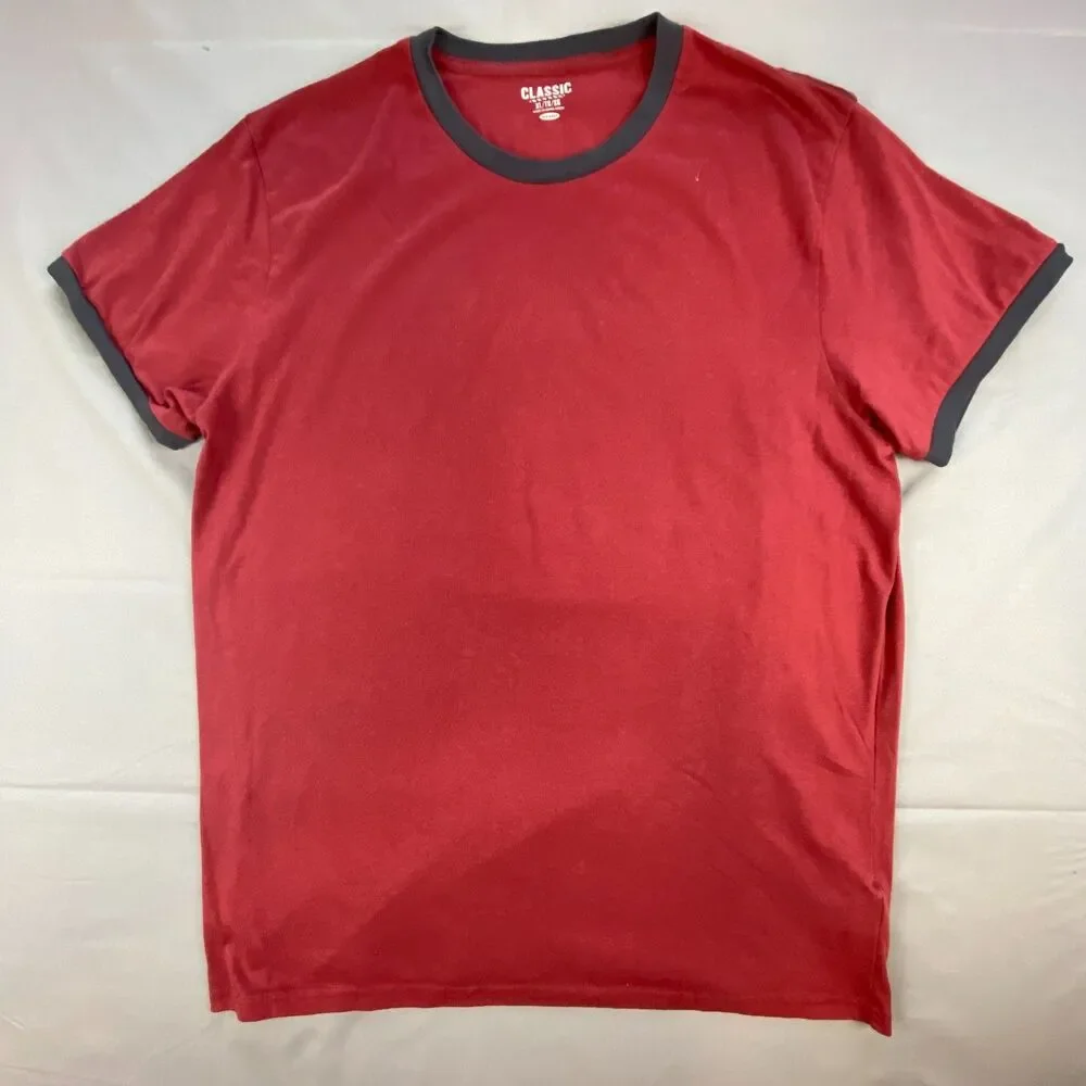 Old Navy Men XL Red Ringer T-Shirt Short Sleeve Crew Neck Contrast Trim Classic